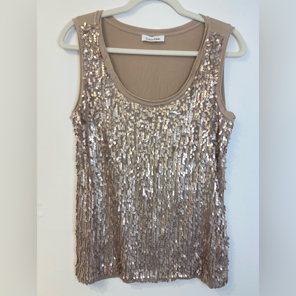 Calvin Klein Beige Sequin Sleeveless Top Size Large PTP 18”-21” EUC